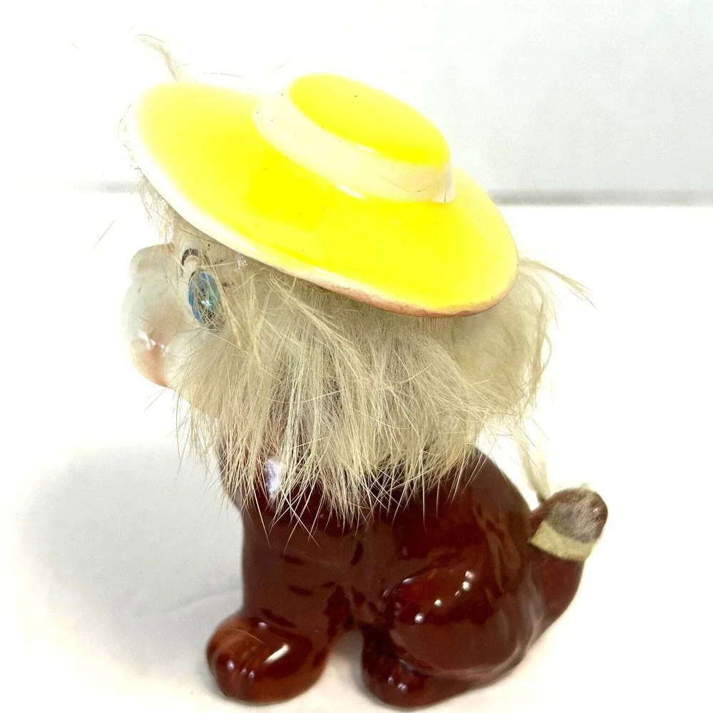 Vintage Kriess Ceramic Puppy Dog With Yellow Hat and Real Fur